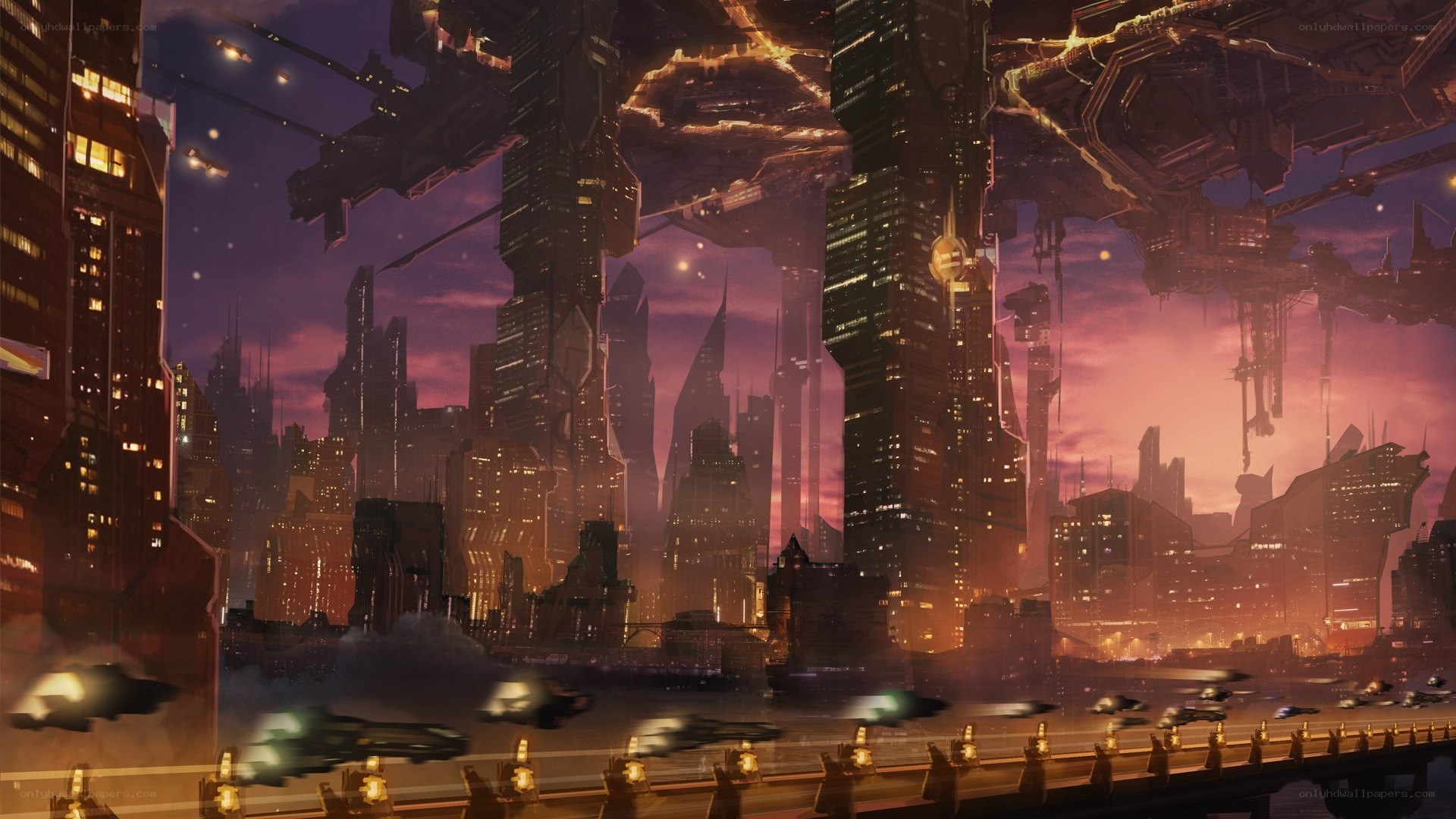 futuristic cityscape at dusk