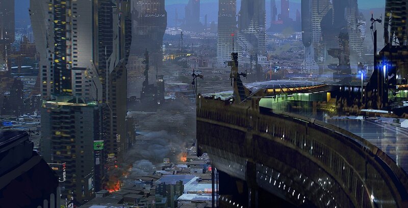 futuristic cityscape at dusk