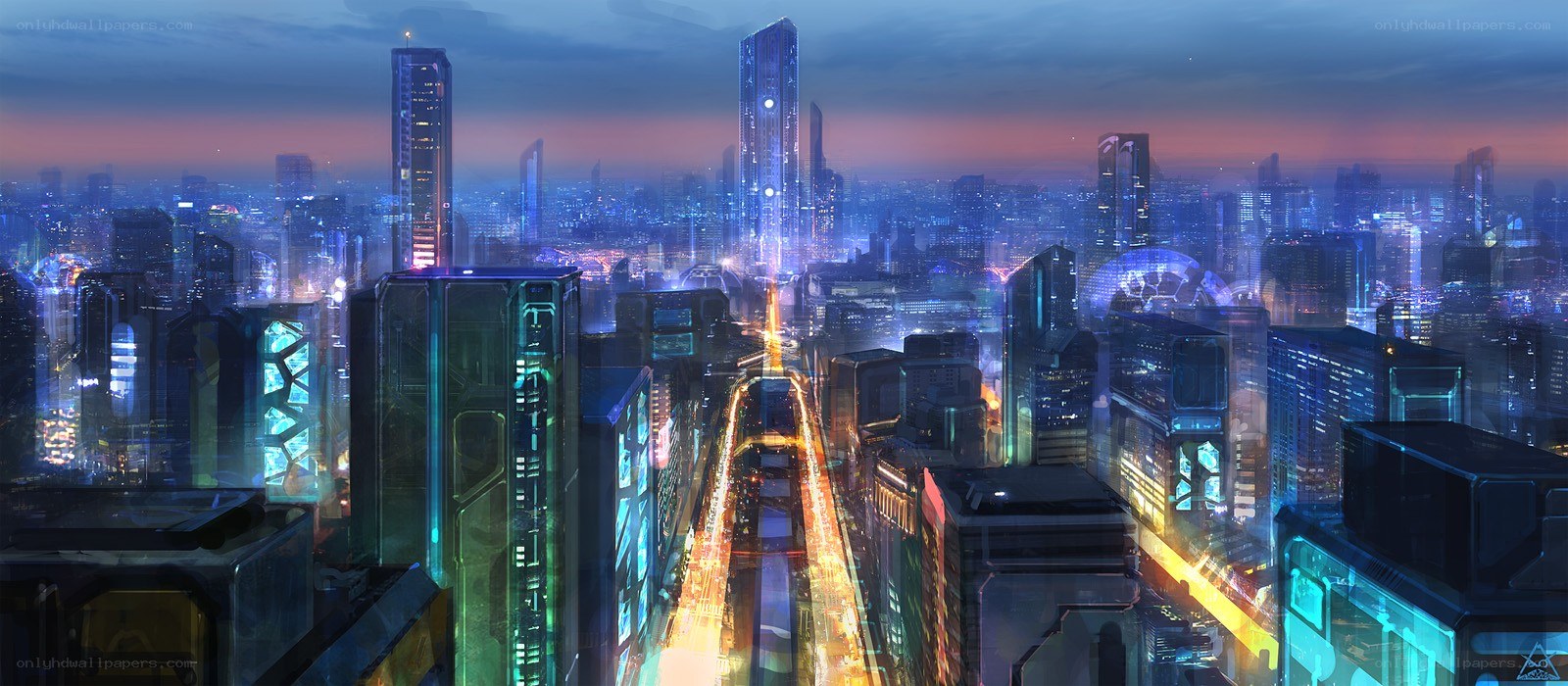 futuristic cityscape at dusk