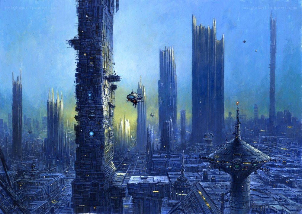 futuristic cityscape at dusk