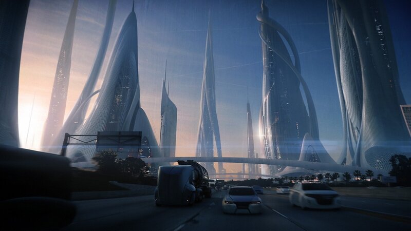 futuristic cityscape at dusk
