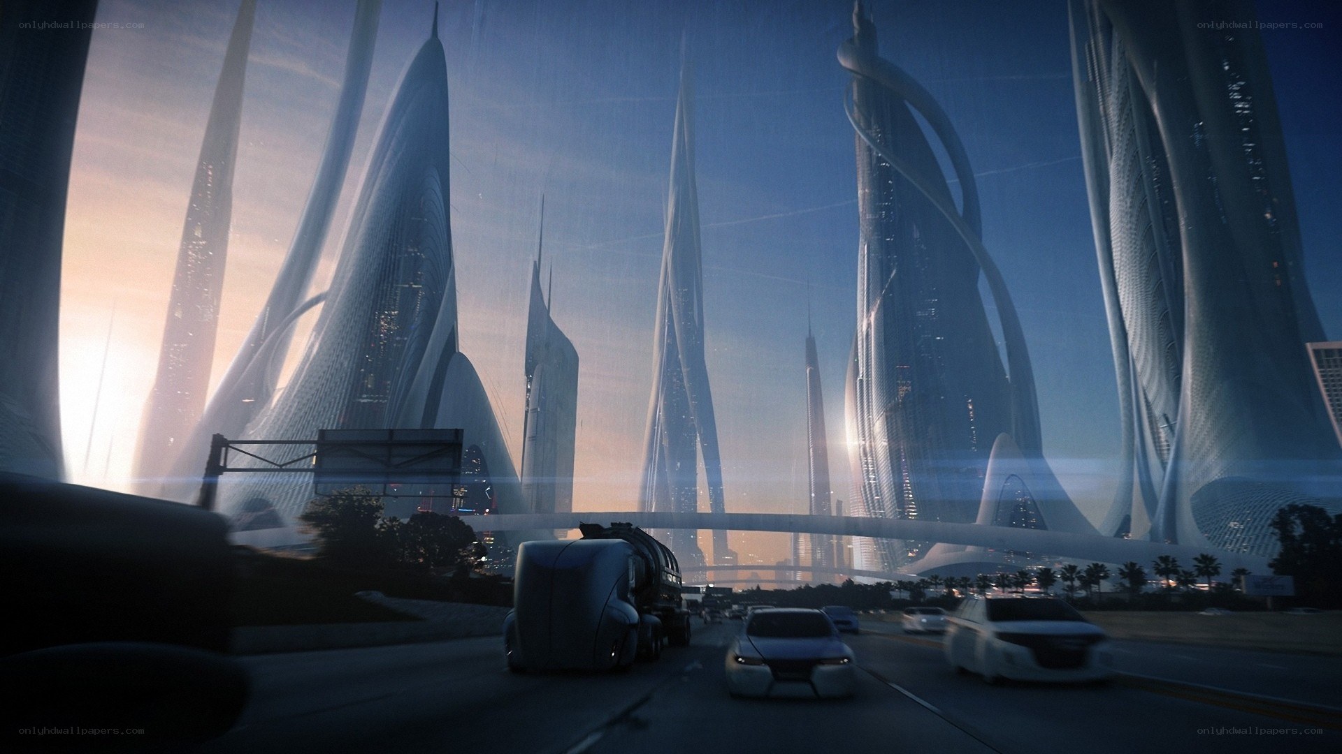 futuristic cityscape at dusk