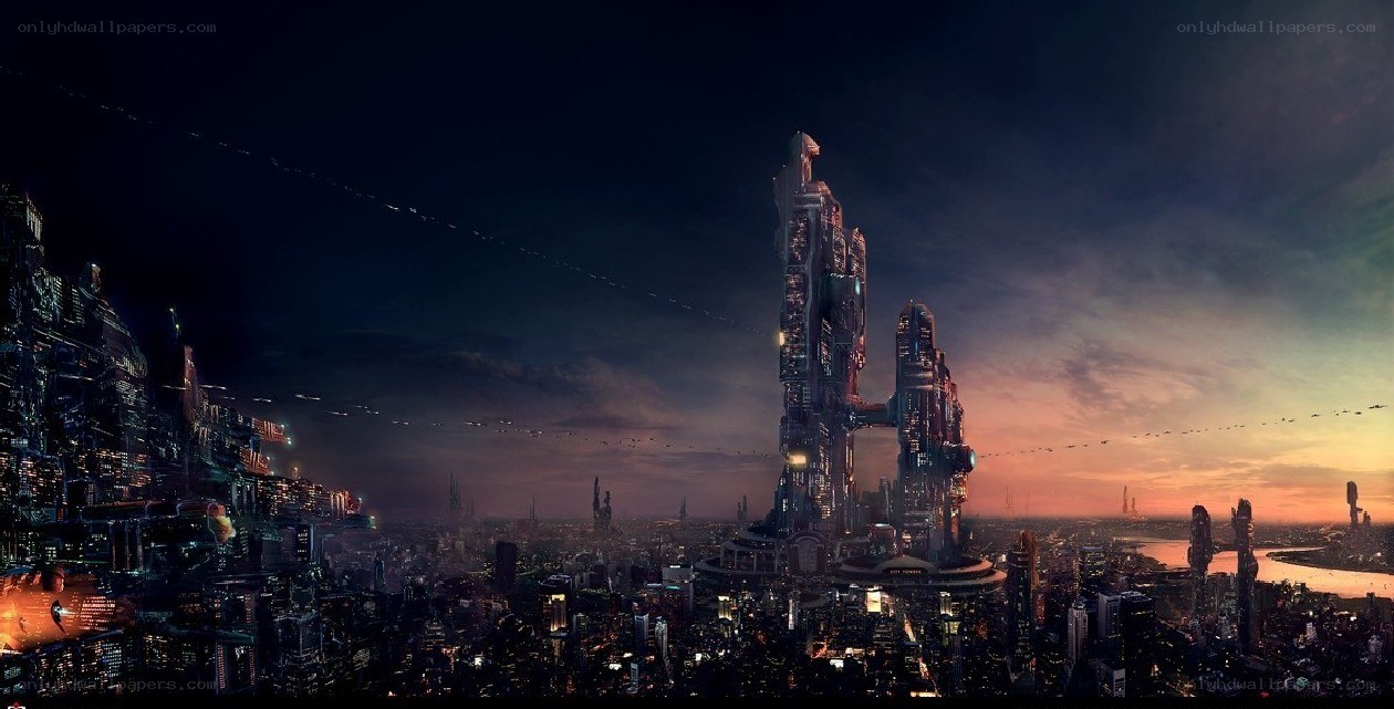 futuristic cityscape at dusk