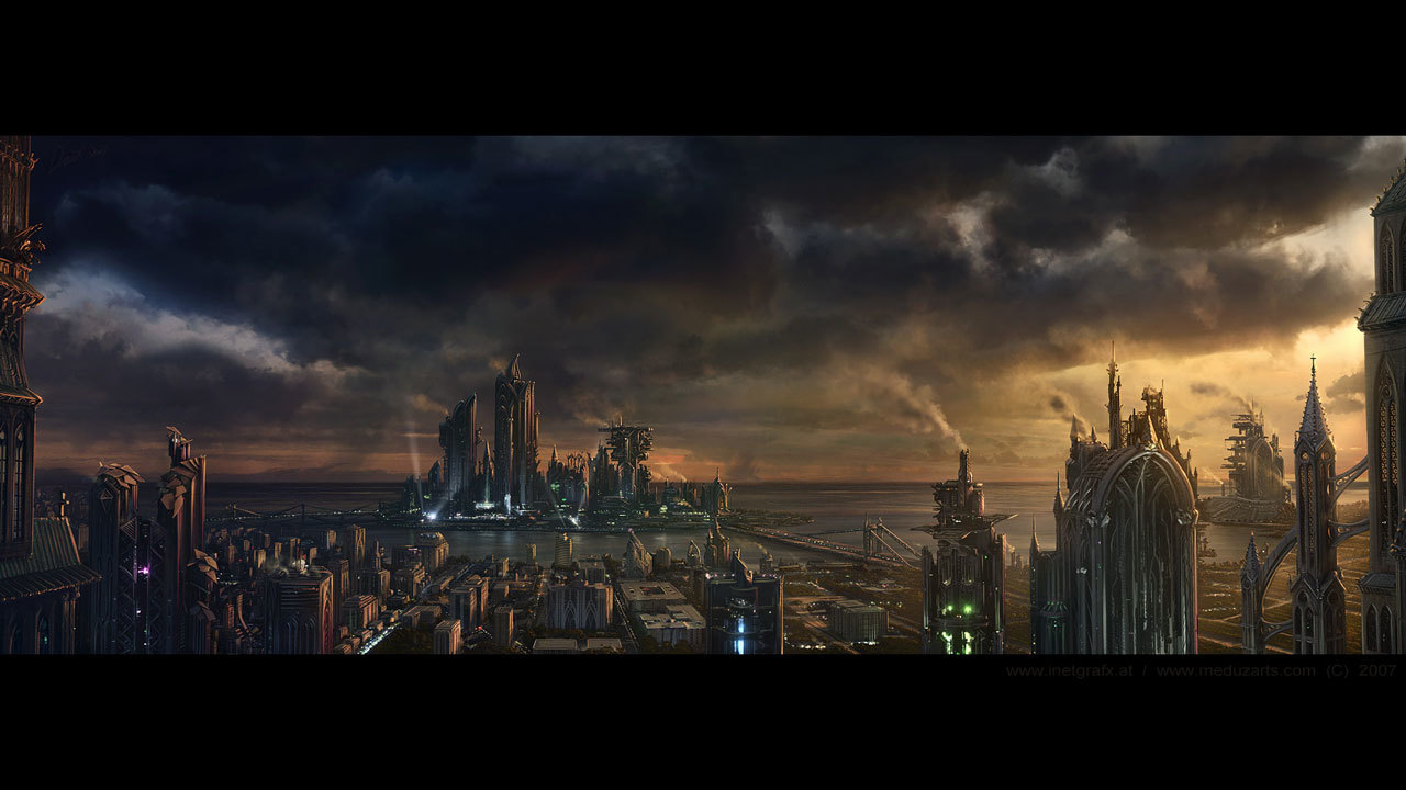 futuristic cityscape at dusk