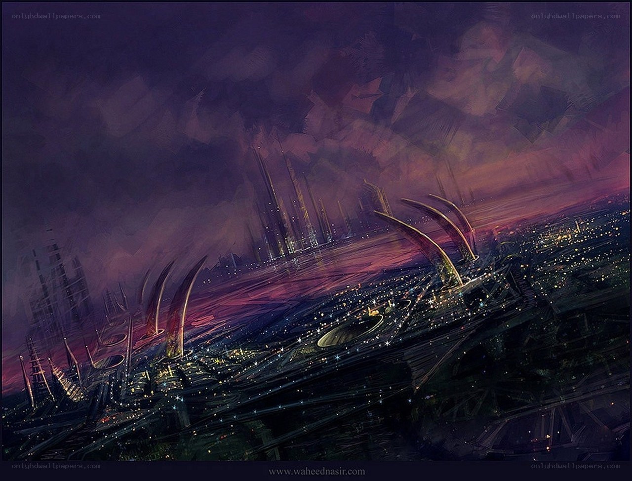 futuristic cityscape at dusk
