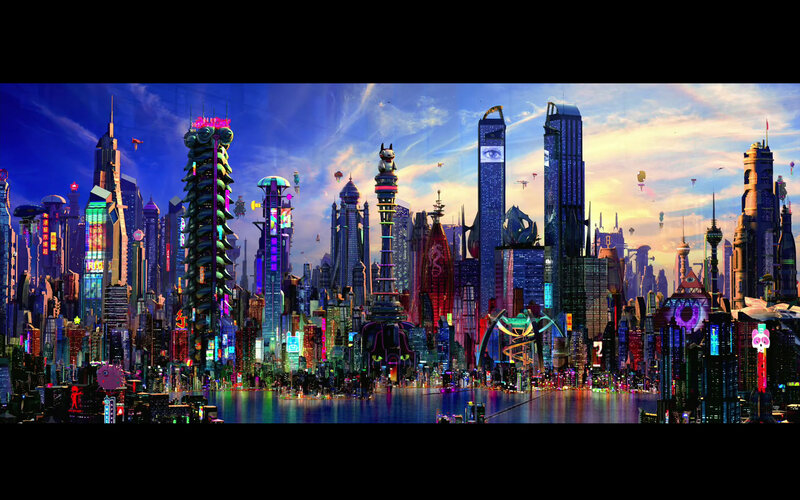 futuristic cityscape at dusk