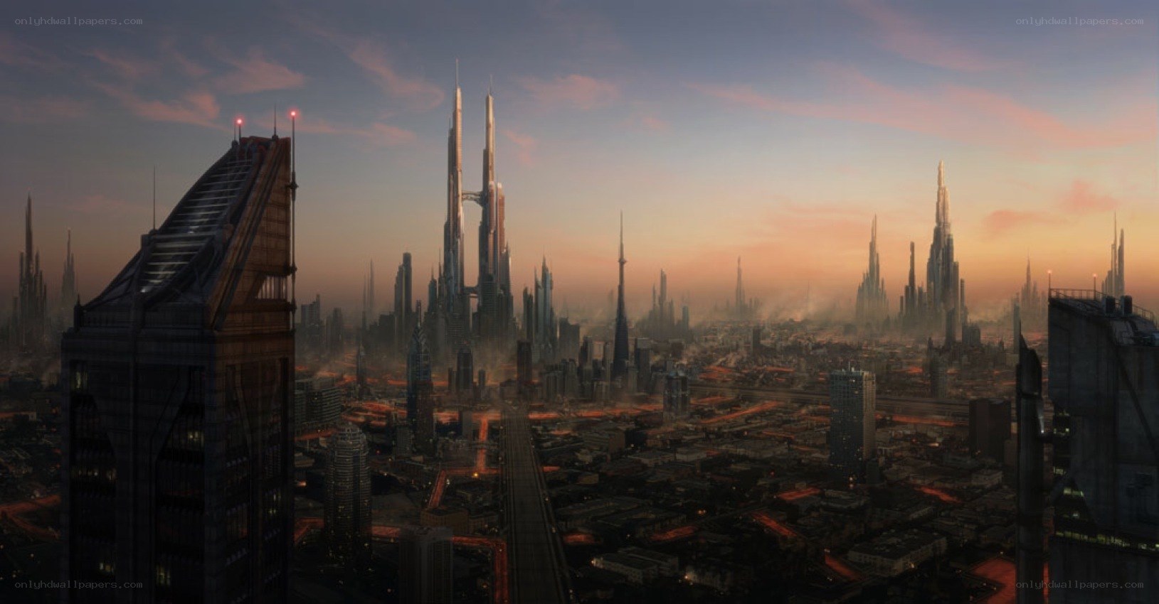 futuristic cityscape at dusk
