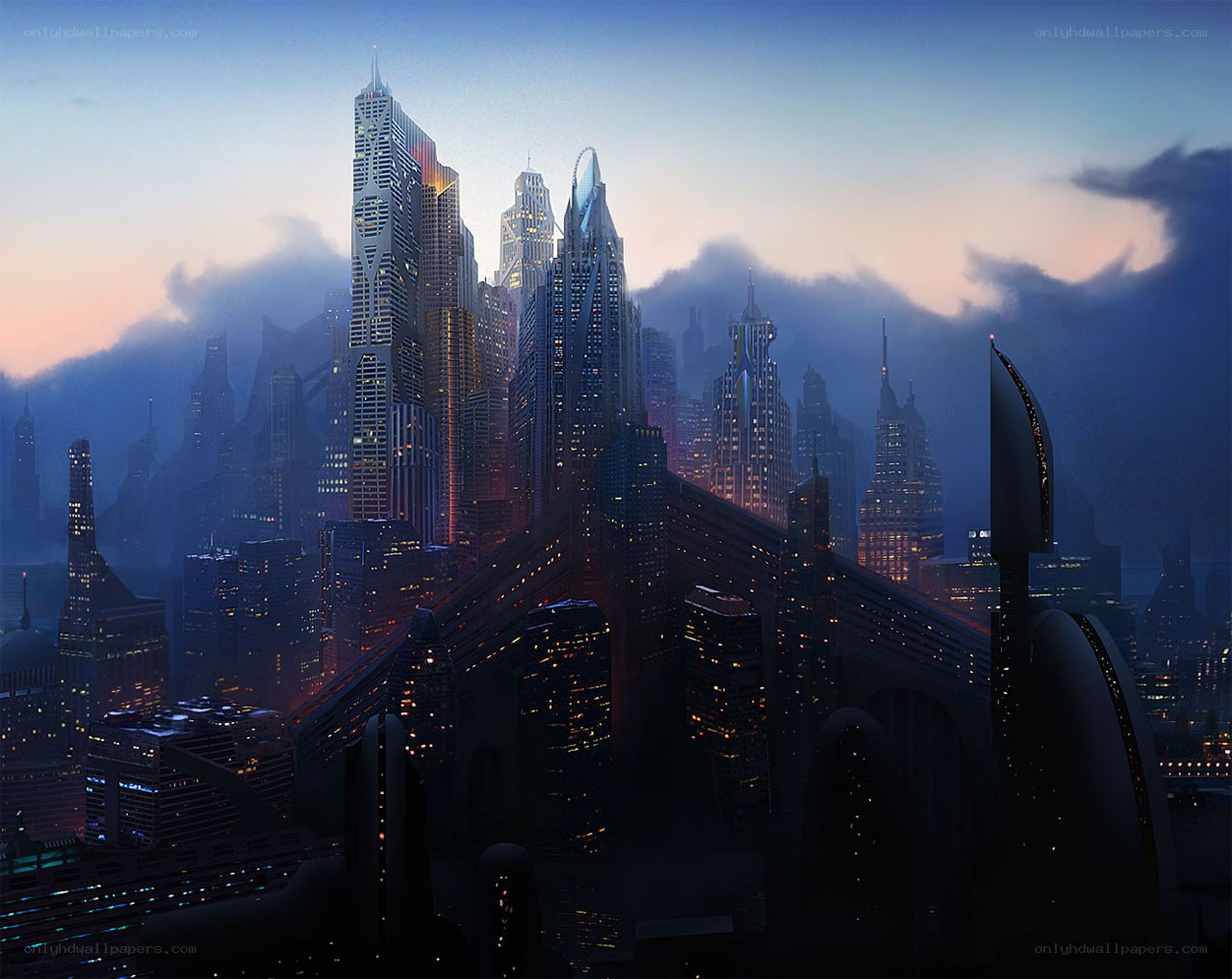 futuristic cityscape at dusk