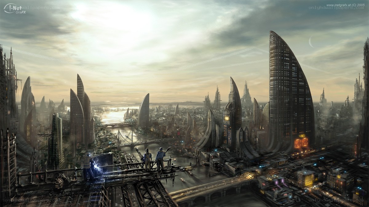 futuristic cityscape at dusk