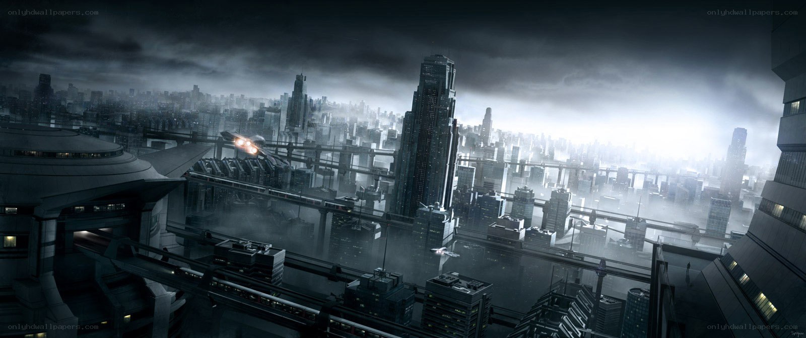 futuristic cityscape at dusk