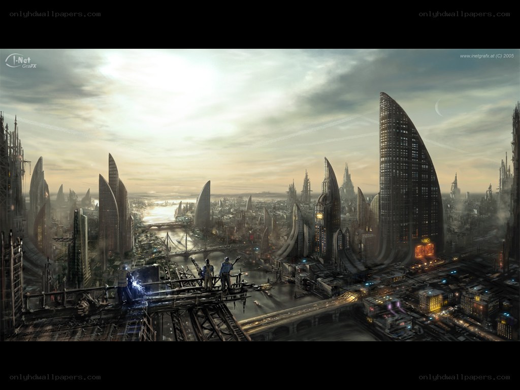 futuristic cityscape at dusk
