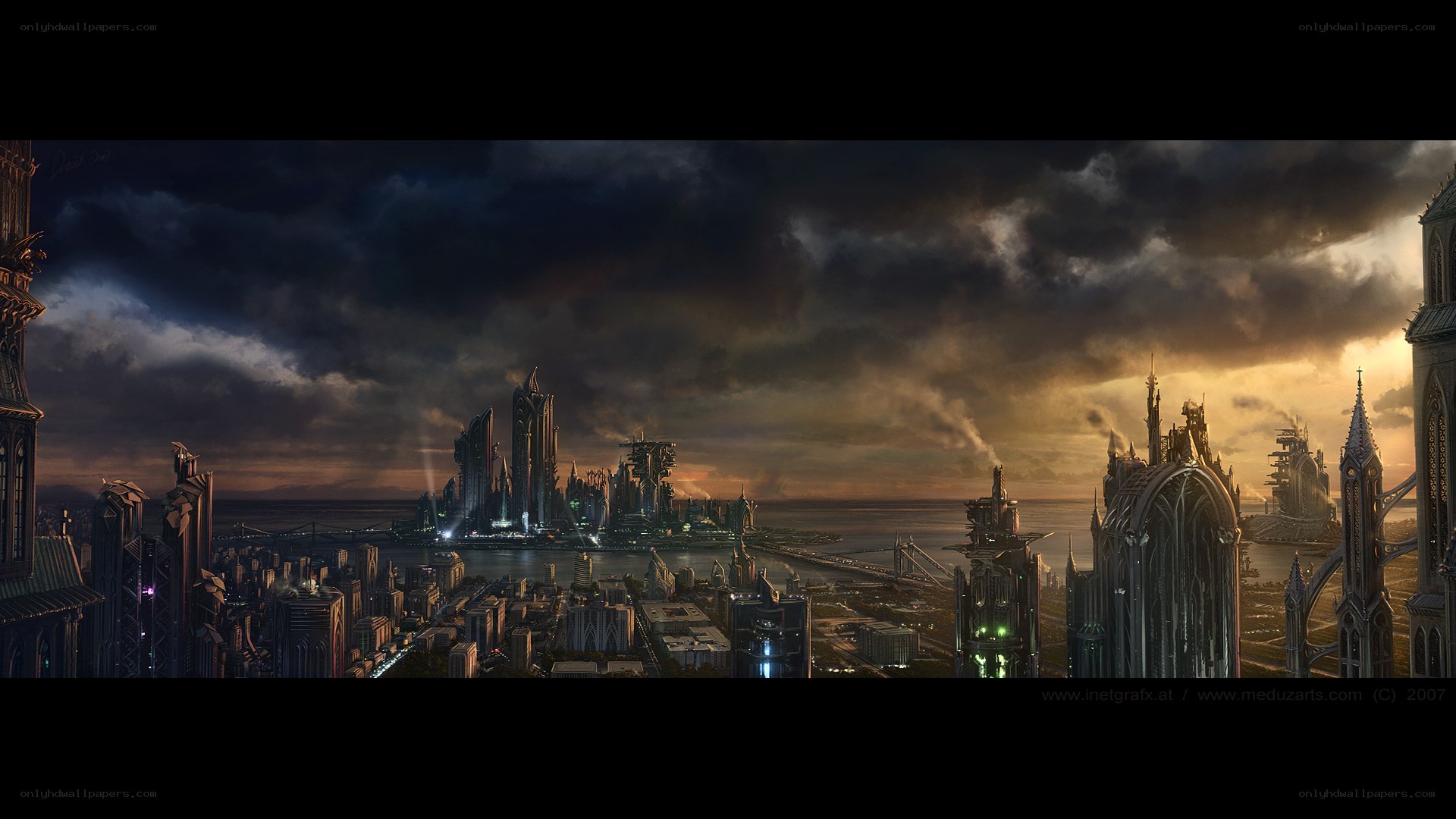 futuristic cityscape at dusk