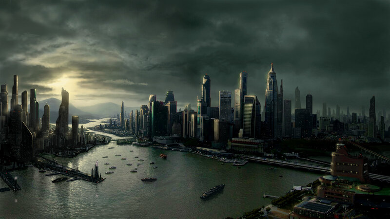 futuristic cityscape at dusk