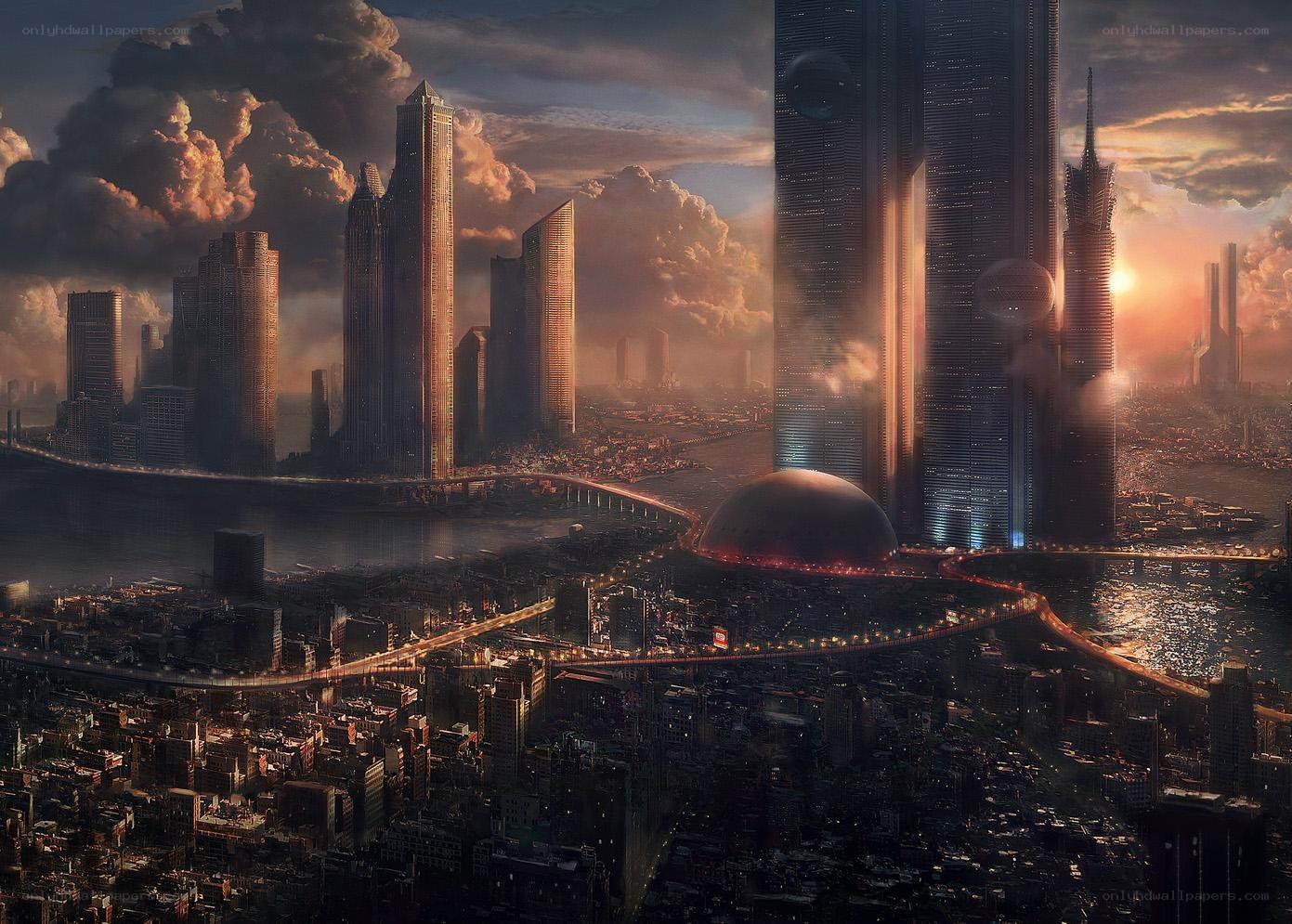 futuristic cityscape at dusk