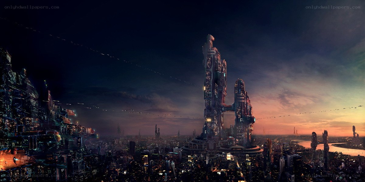 futuristic cityscape at dusk