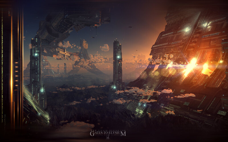 Futuristic cityscape at dusk