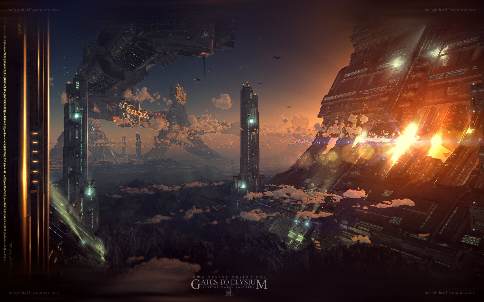 Futuristic cityscape at dusk
