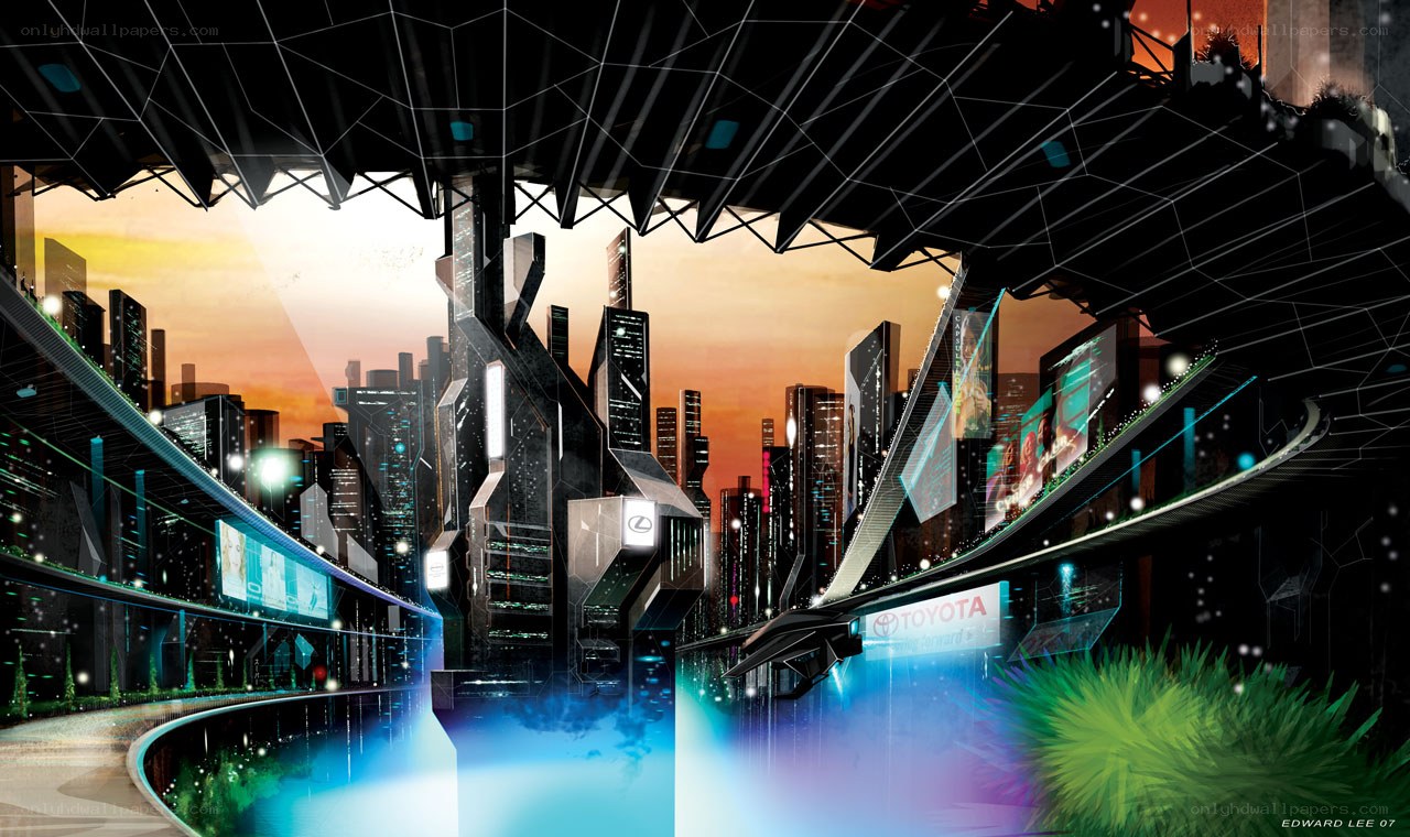 futuristic cityscape at dusk