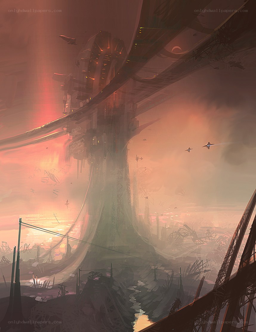 Futuristic cityscape at dusk