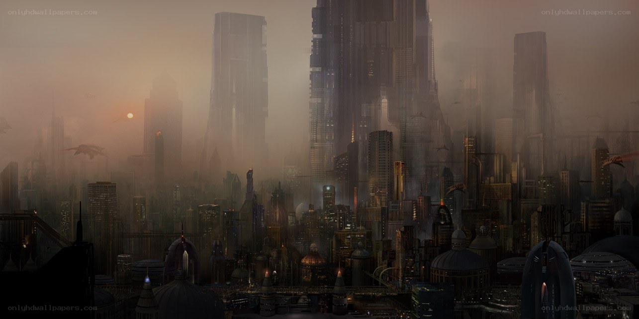 futuristic cityscape at dusk
