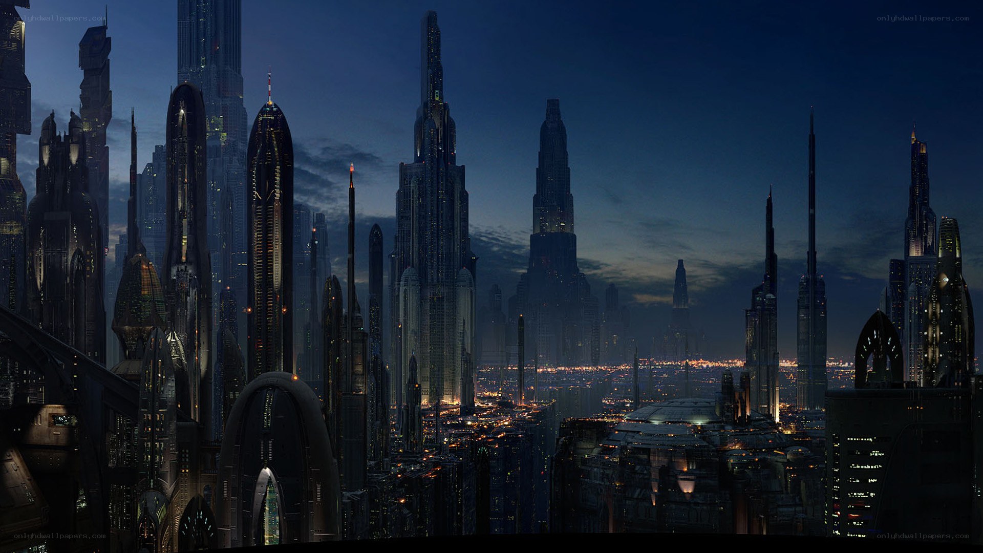futuristic cityscape at dusk