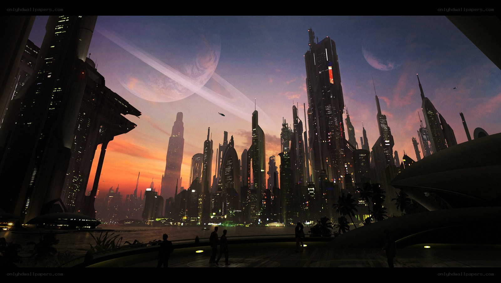 futuristic cityscape at dusk