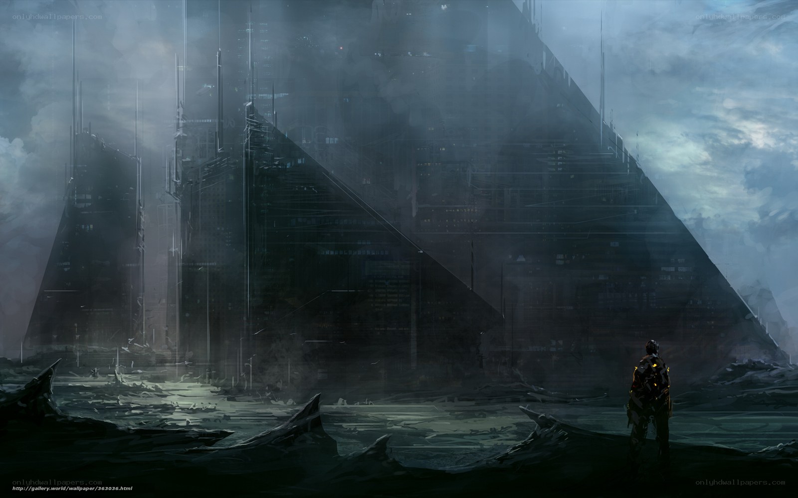 Futuristic cityscape at dusk