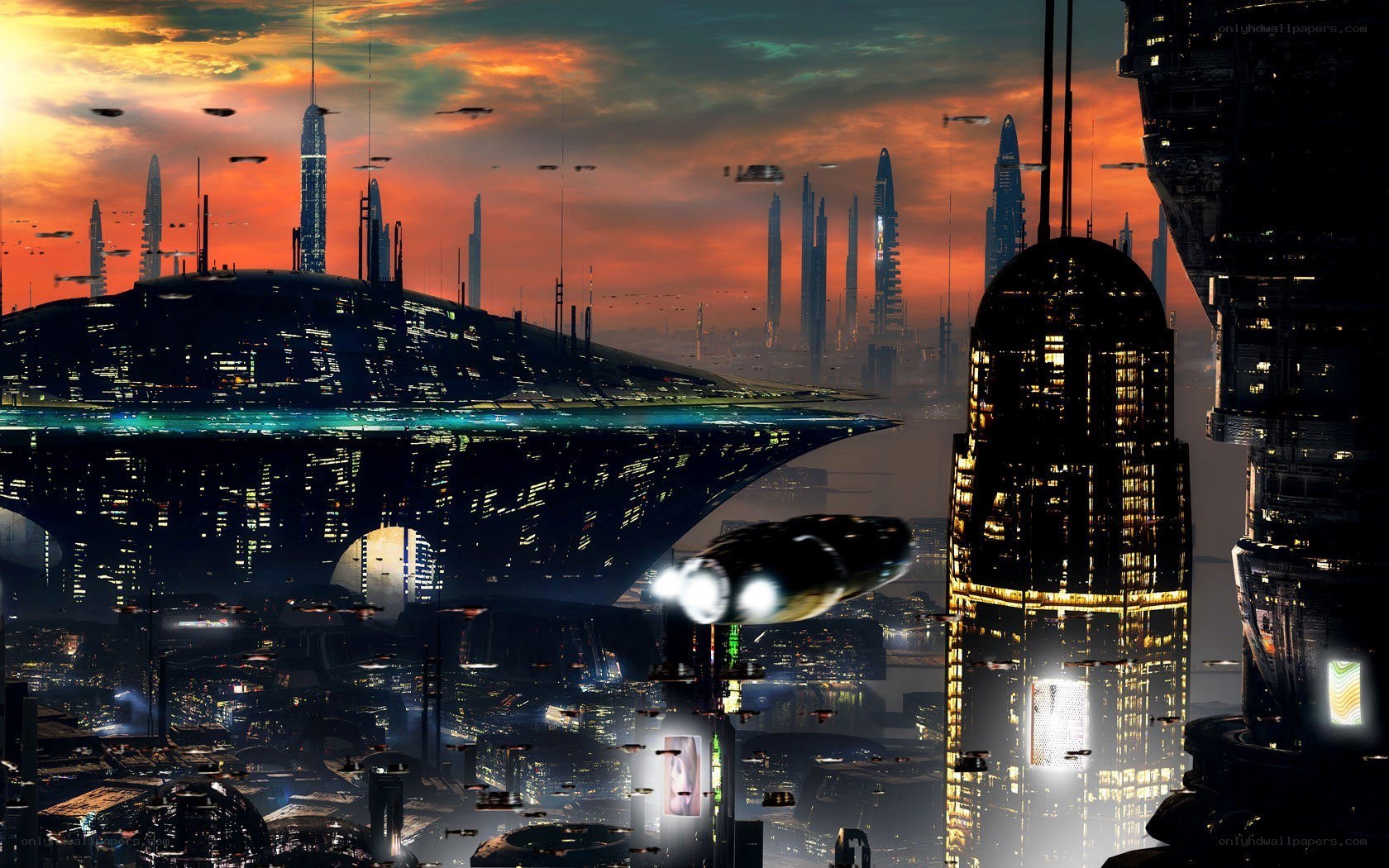 futuristic cityscape at dusk