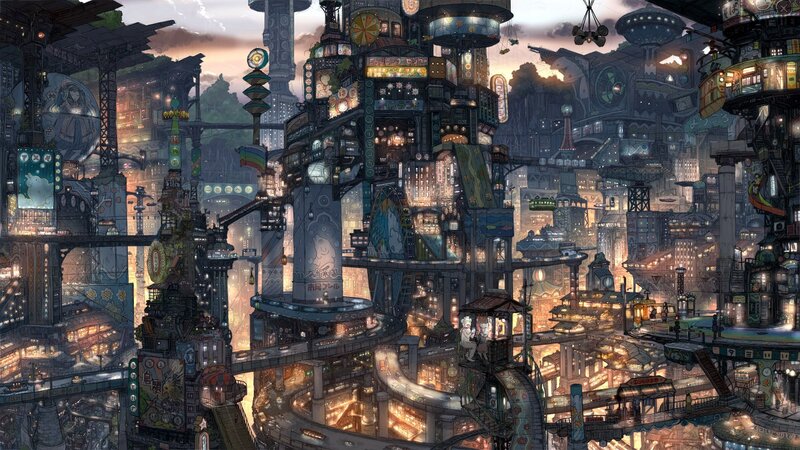 futuristic cityscape at dusk