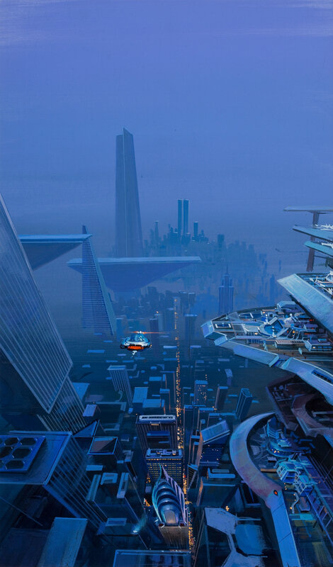 futuristic cityscape at dusk