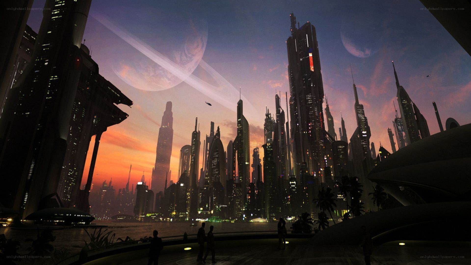 futuristic cityscape at dusk