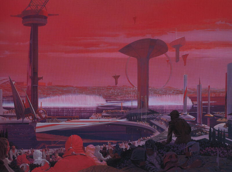Futuristic cityscape at dusk