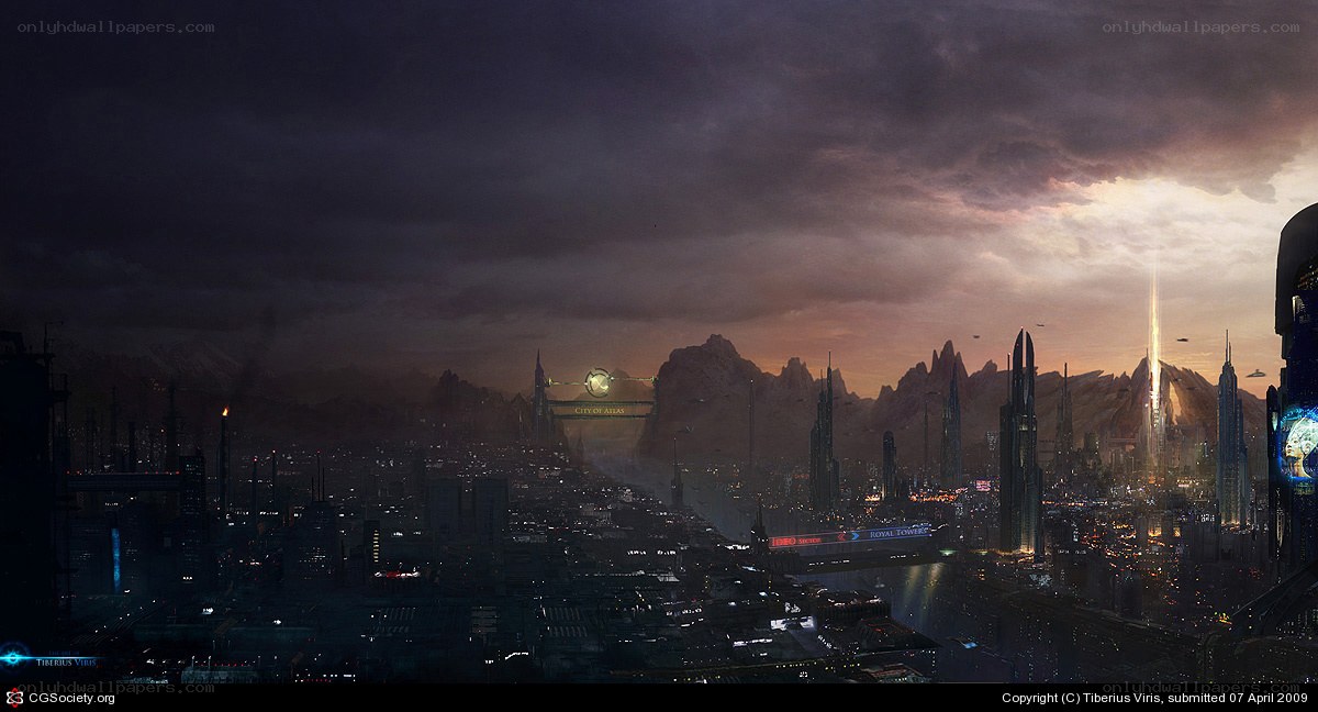 futuristic cityscape at dusk