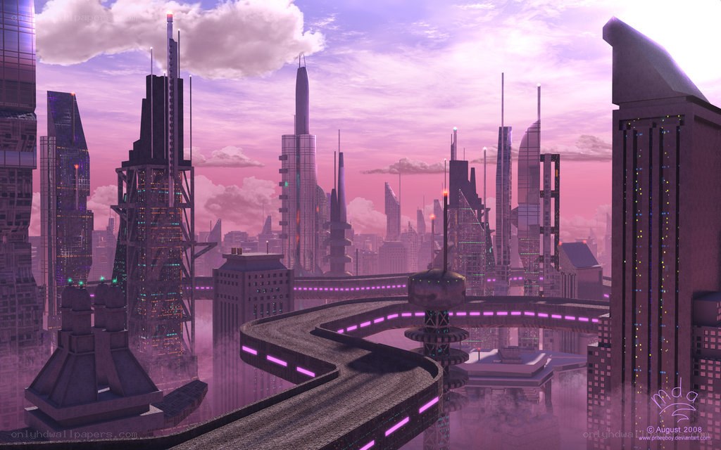 futuristic cityscape at dusk