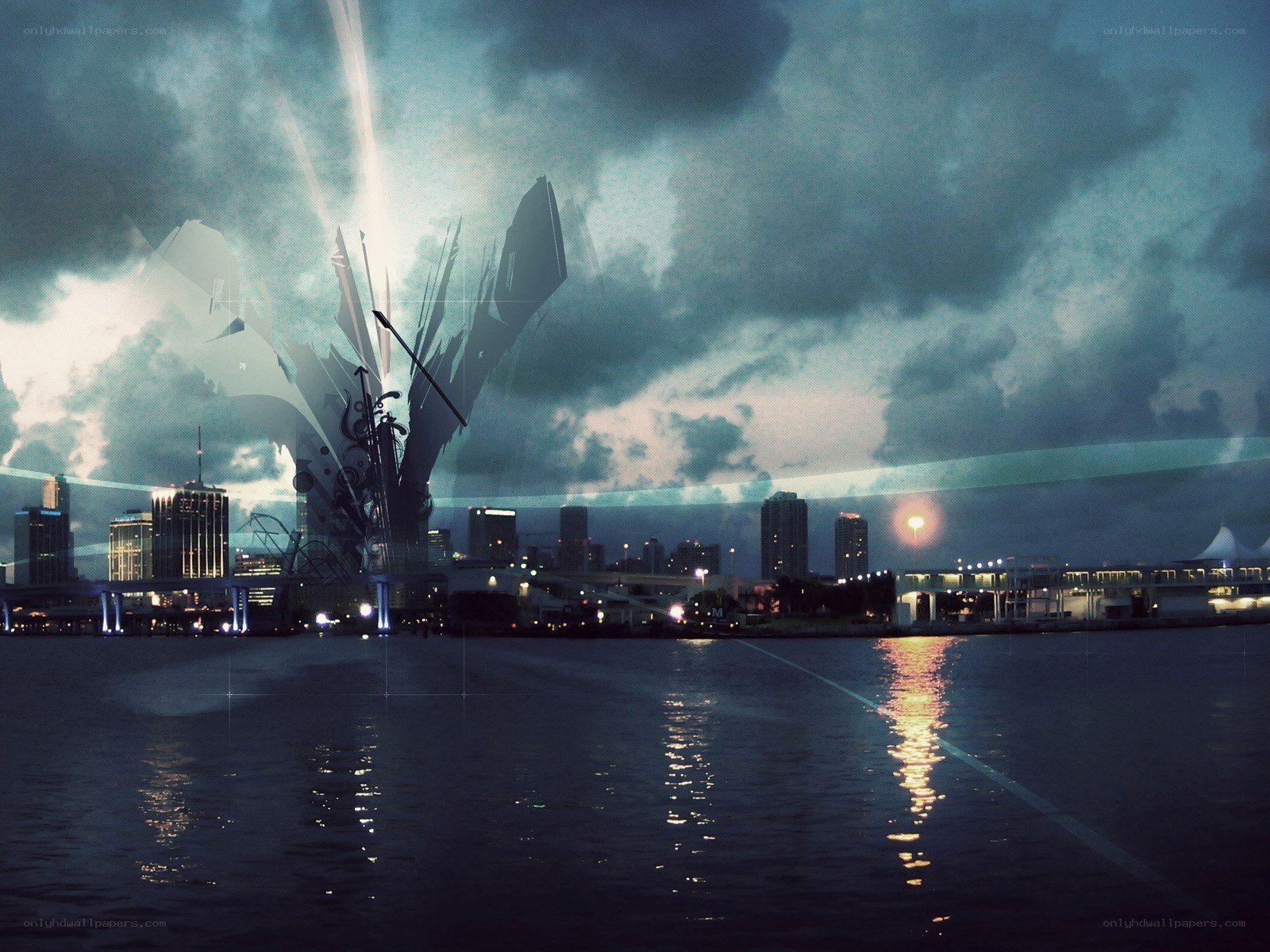 Futuristic cityscape at dusk