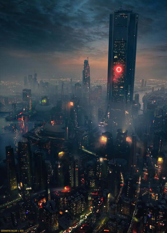 Futuristic Cityscape at Dusk — Dark Blue