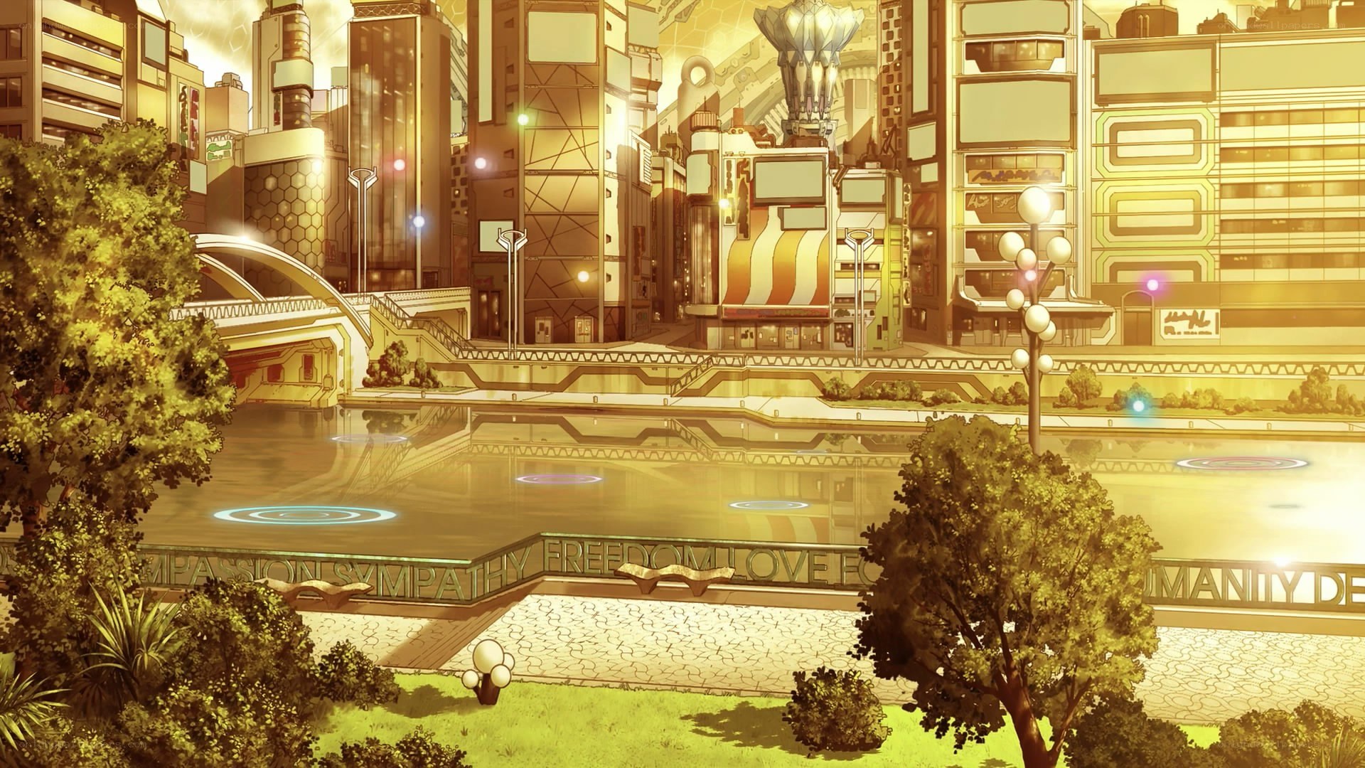 futuristic cityscape at golden hour