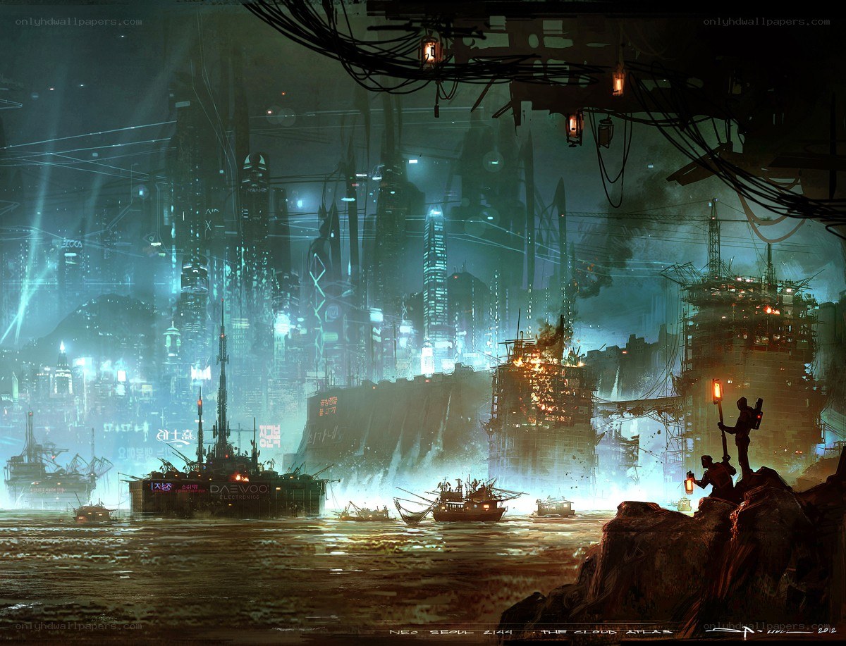 Futuristic cityscape at night