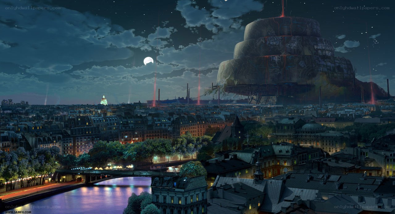 Futuristic cityscape at night