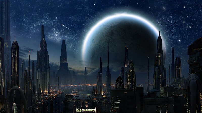 Futuristic cityscape at night