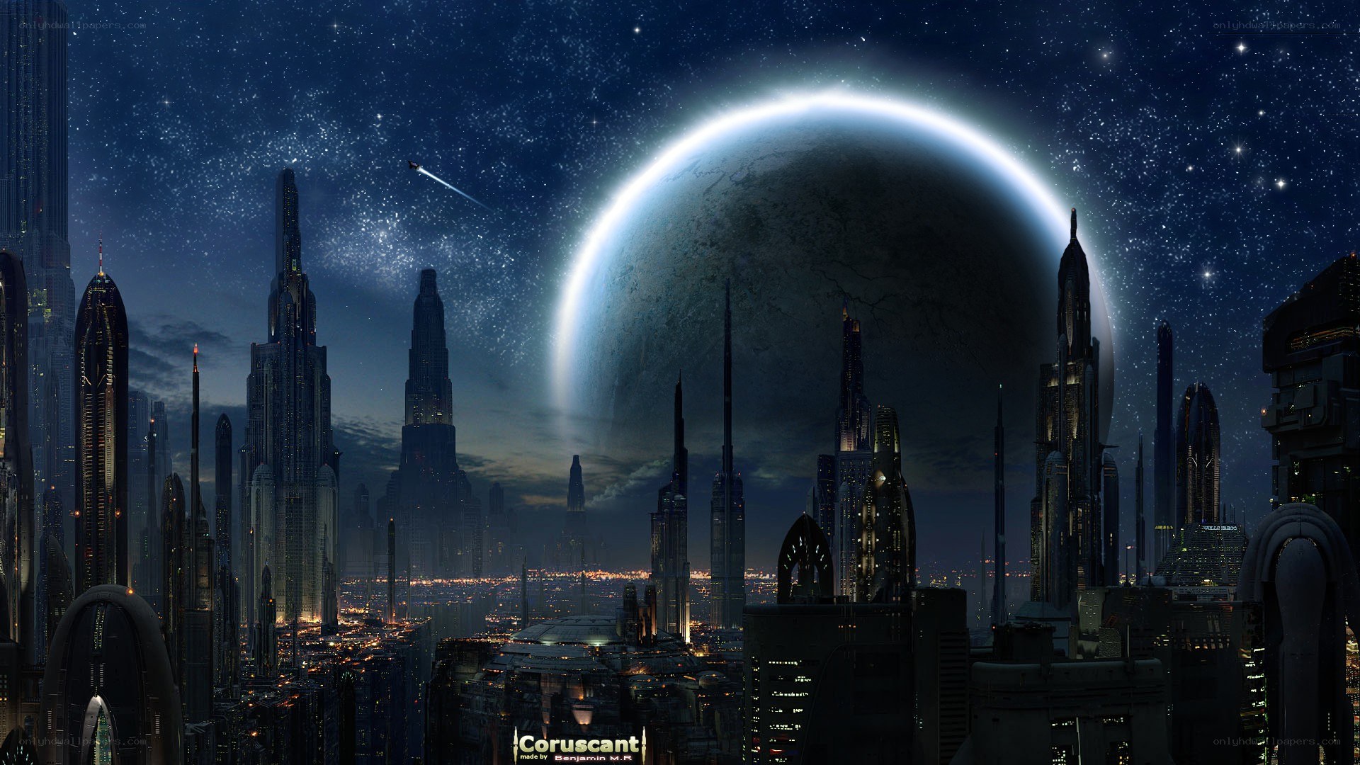 Futuristic cityscape at night