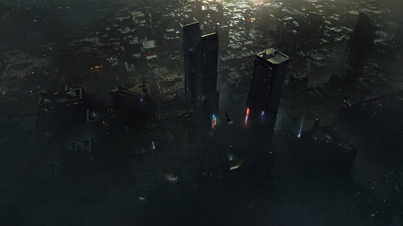 Futuristic Cityscape at Night — Black, Dark, 3d Render, Skyscrapers