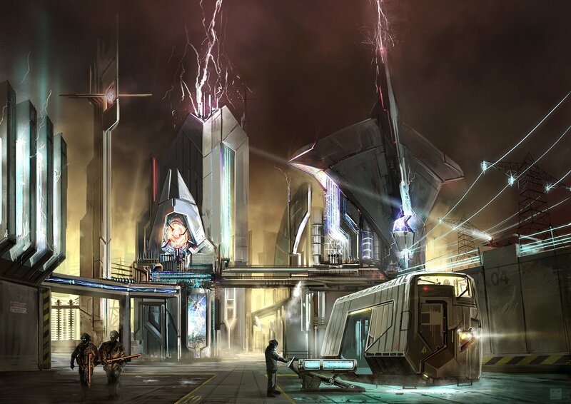 Futuristic Cityscape at Night — Black, Dramatic, Digital Art, Buildings, Lightning