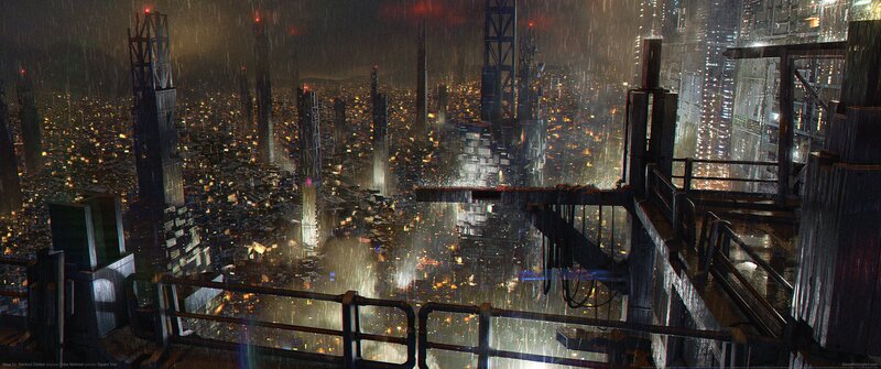 Futuristic Cityscape at Night — Black, Dramatic, Digital Art, Rain, Skyscrapers