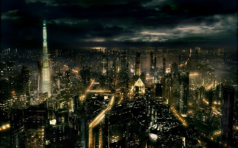 Futuristic Cityscape at Night — Black, Dramatic, Digital Art, Skyscrapers, Lights, Clouds