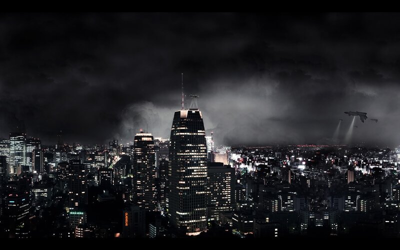 Futuristic Cityscape at Night — Black, Dramatic, Digital Art, Skyscrapers