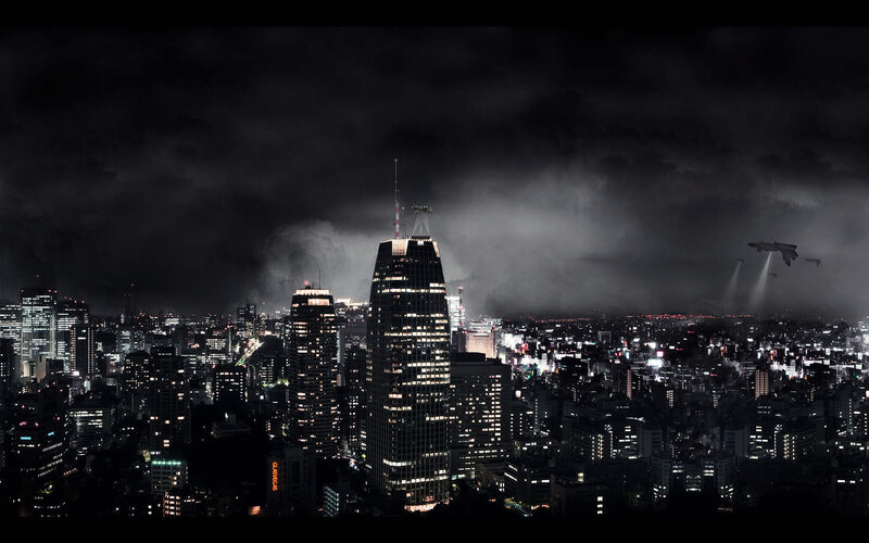 Futuristic Cityscape at Night — Black, Dramatic