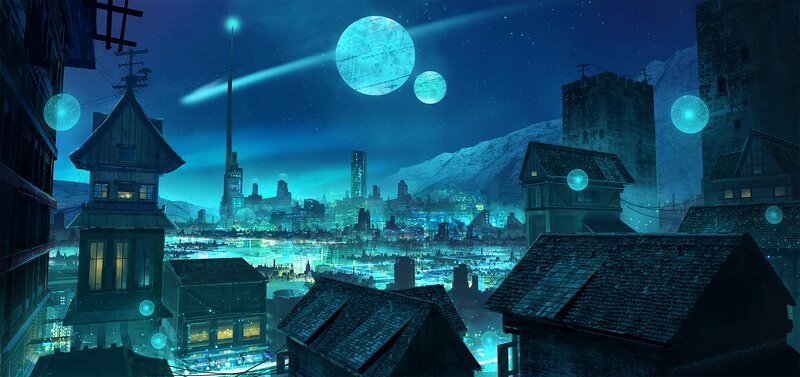 Futuristic Cityscape at Night — Blue, Dramatic, Digital Art, Moon