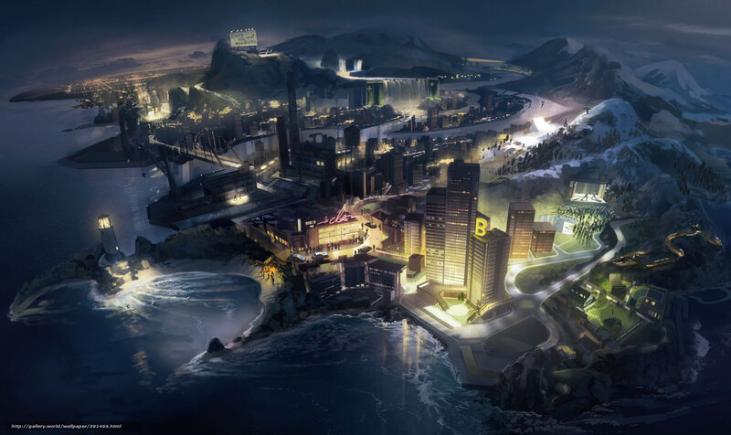 Futuristic Cityscape at Night — Blue, Dramatic, Digital Art, Mountains