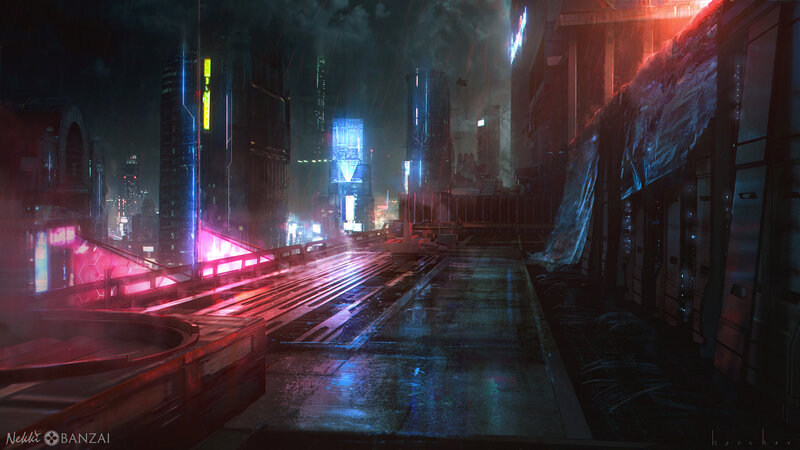 Futuristic Cityscape at Night — Blue, Dramatic, Digital Art, Rain, Neon Lights